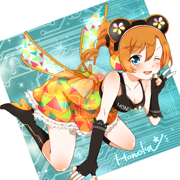 1girl, ;d, all_fours, animal_ears, black_gloves, blue_eyes, boots, breasts, character_name, cleavage, curly_hair, dress, elbow_gloves, fingerless_gloves, gloves, headphones, high_heel_boots, high_heels, kousaka_honoka, love_live!_school_idol_project, mouse_ears, nail_polish, one_eye_closed, open_mouth, orange_hair, purin0, red_nails, side_ponytail, smile, solo, v