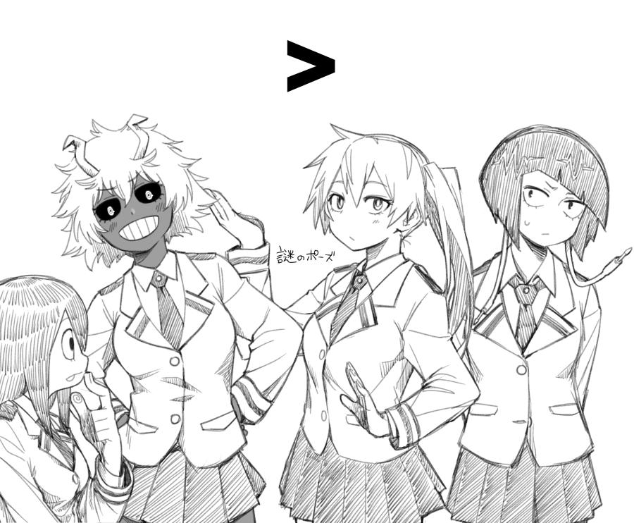 4girls, abarai, ashido_mina, asui_tsuyu, black_sclera, boku_no_hero_academia, horns, jirou_kyouka, kendou_itsuka, long_hair, long_sleeves, monochrome, multiple_girls, necktie, pleated_skirt, plug, school_uniform, short_hair, side_ponytail, skirt, tongue, tongue_out