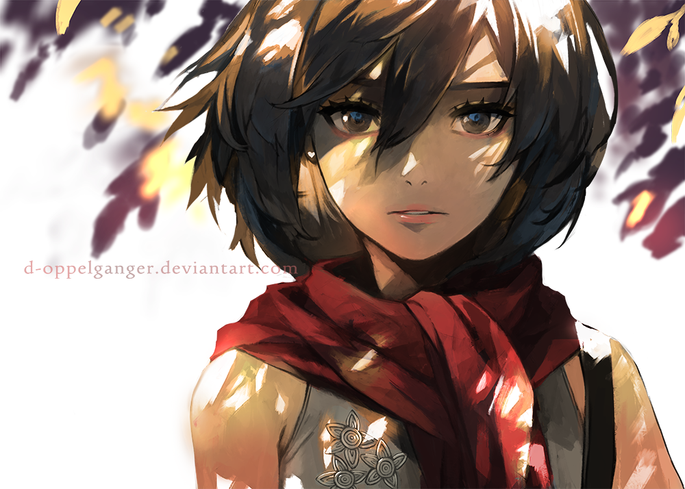 1girl, black_hair, brown_eyes, d-oppelganger, looking_at_viewer, mikasa_ackerman, parted_lips, portrait, red_scarf, scarf, shingeki_no_kyojin, solo, watermark, web_address
