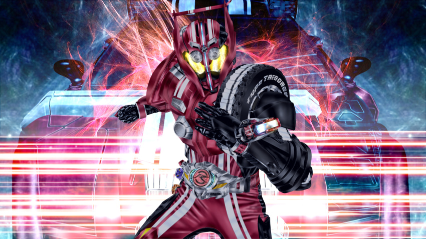 1boy, belt, car, highres, kamen_rider, kamen_rider_drive, kamen_rider_drive_(series), kuzurx, looking_at_viewer, male, mask, motor_vehicle, shift_car, solo, tire, type_tridoron, vehicle