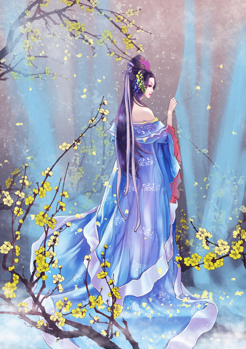 1girl, absurdres, artist_request, bare_shoulders, blooming, blue_clothes, blue_dress, bow
