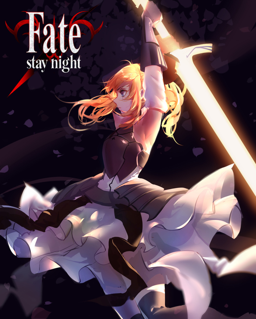 1girl, ahoge, armor, armored_dress, bare_shoulders, blonde_hair, bow, detached_sleeves