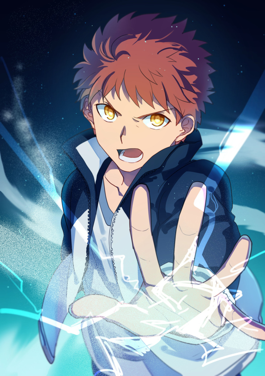 1boy, absurdres, aokiku, brown_hair, electricity, emiya_shirou, fate/stay_night, fate_(series)