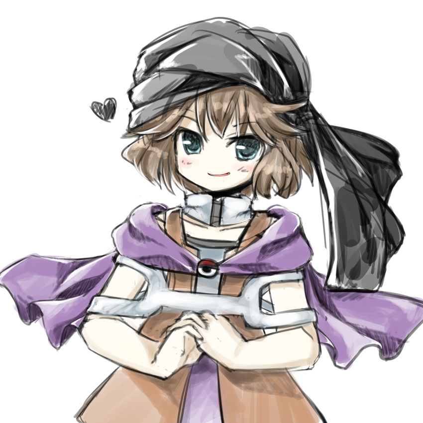 1girl, androgynous, anmita_(rarutos), blue_eyes, blush, brown_hair, cape, choker