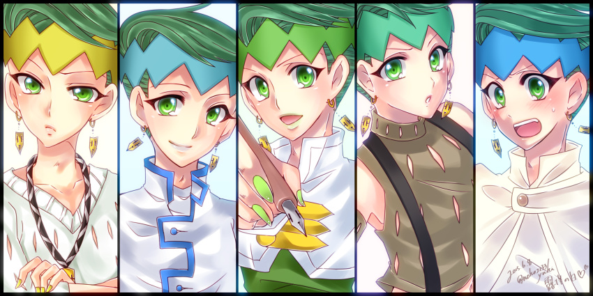 5boys, earrings, green_eyes, green_hair, headband, highres, jewelry, jojo_no_kimyou_na_bouken