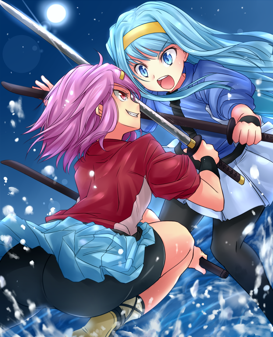 2girls, aqua_hair, ass, battle, bike_shorts, black_legwear, blocking, blue_eyes