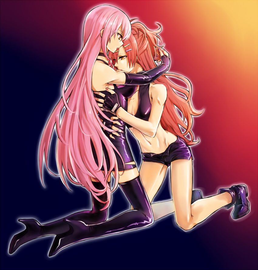 147, 2girls, akuma_no_riddle, bike_shorts, elbow_gloves, gloves, hair_ornament, hairclip