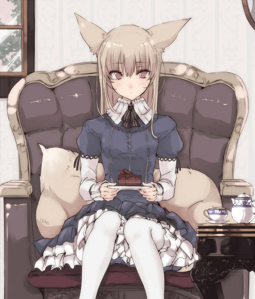 1girl, animal_ears, armchair, cake, chair, coffee_table, cup, cushion