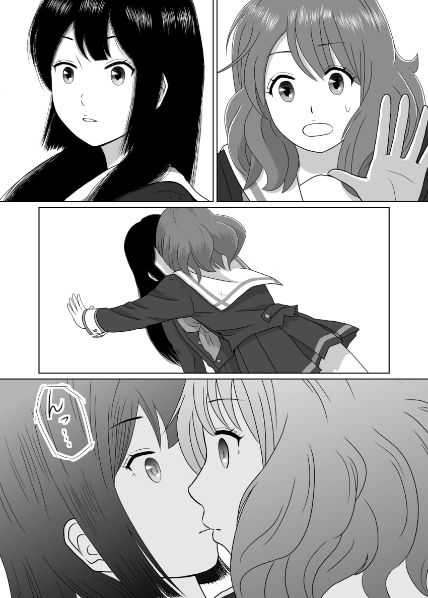 2girls, accidental_kiss, comic, fukushima_uichi, hibike!_euphonium, highres, kiss, kousaka_reina
