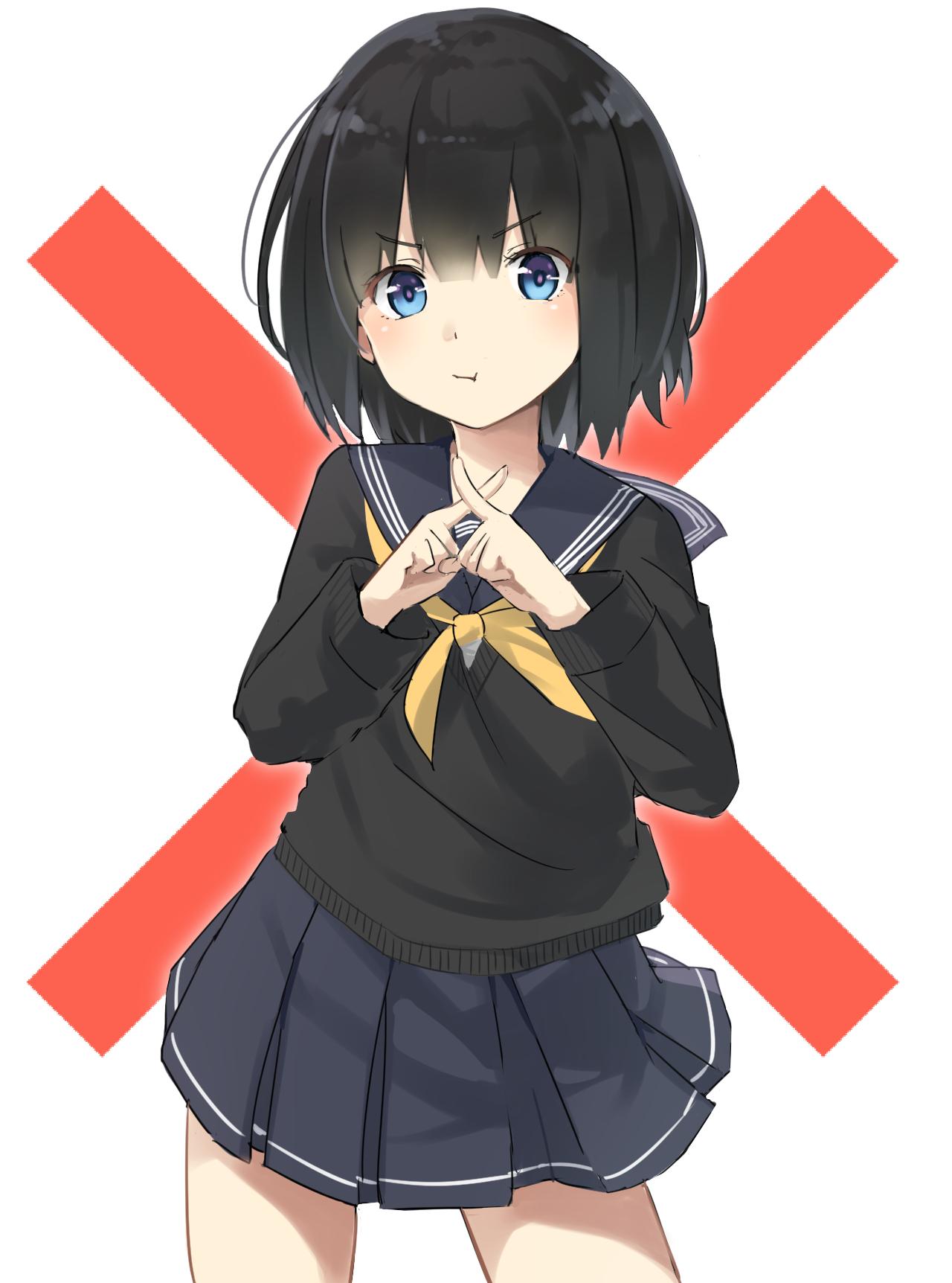 black_hair, crossed_fingers, highres, max_melon_teitoku, pout, school_uniform, serafuku, short_hair