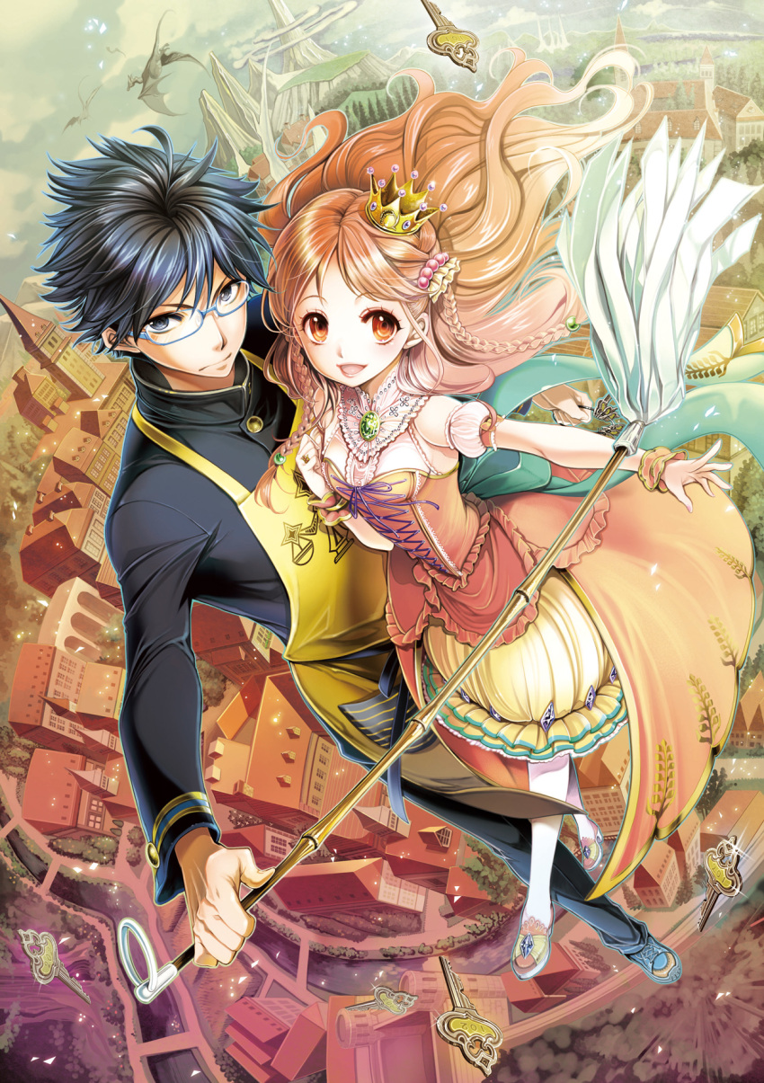 1boy, 1girl, apron, black_hair, braid, crown, dress, floating, glasses, highres, isekai_kanrinin_kudou_koutarou, key, kudou_koutarou, long_hair, official_art, orange_eyes, short_hair, sufliare, toyota_saori