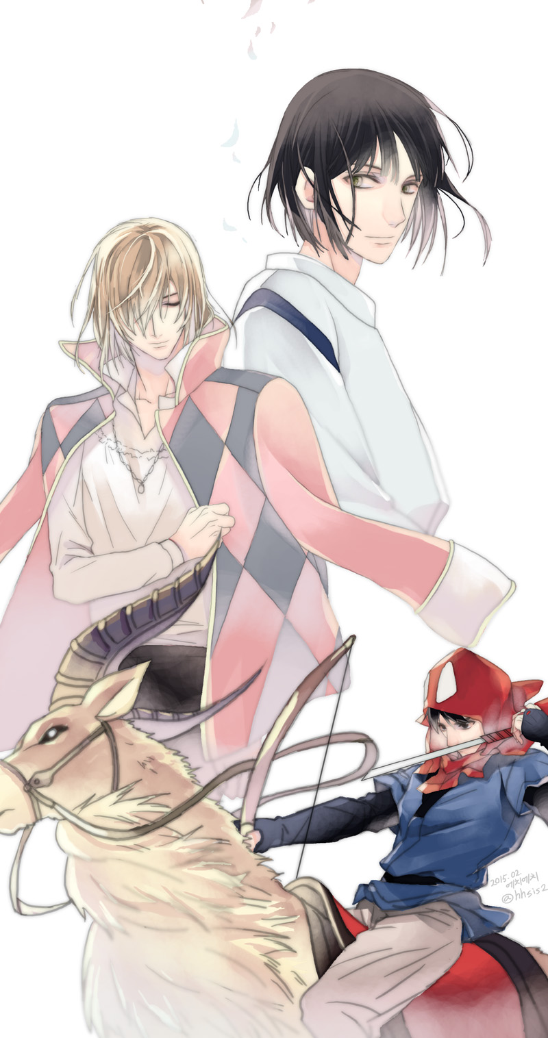 3boys, ashitaka, black_hair, blonde_hair, bow_(weapon), creator_connection, goat, haku, hh_(hhsis2), highres, howl_(howl_no_ugoku_shiro), howl_no_ugoku_shiro, mononoke_hime, multiple_boys, sen_to_chihiro_no_kamikakushi, studio_ghibli, weapon