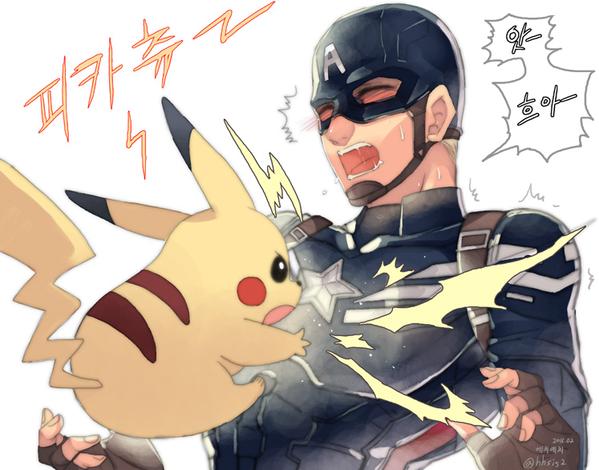 1boy, captain_america, captain_america_the_winter_soldier, crossover, electricity, fighting, helmet, hh_(hhsis2), marvel, pikachu, pokemon, pokemon_(creature), steve_rogers, superhero