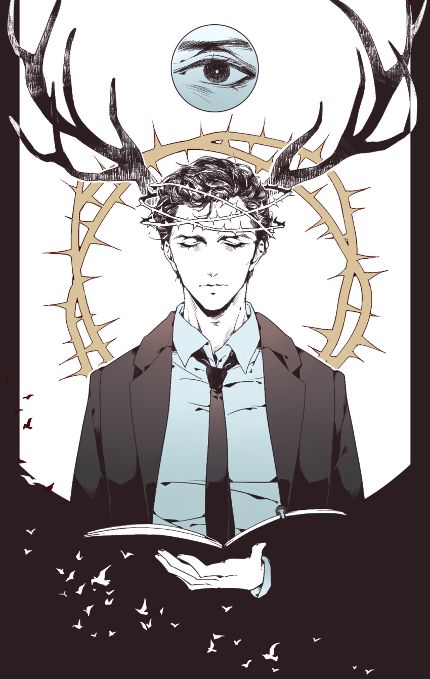 1boy, antlers, closed_eyes, crown_of_thorns, eyes, formal, highres, rustin_cohle