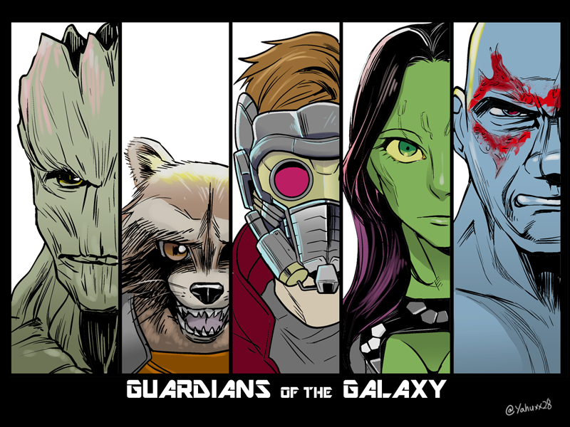 column_lineup, drax_the_destroyer, gamora, groot, guardians_of_the_galaxy, marvel, peter_quill, rocket_raccoon