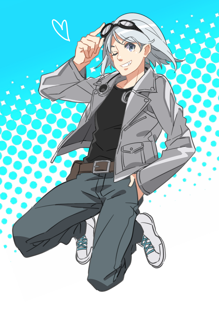 1boy, blue_eyes, goggles, goggles_on_head, grey_eyes, grey_hair, marvel, one_eye_closed