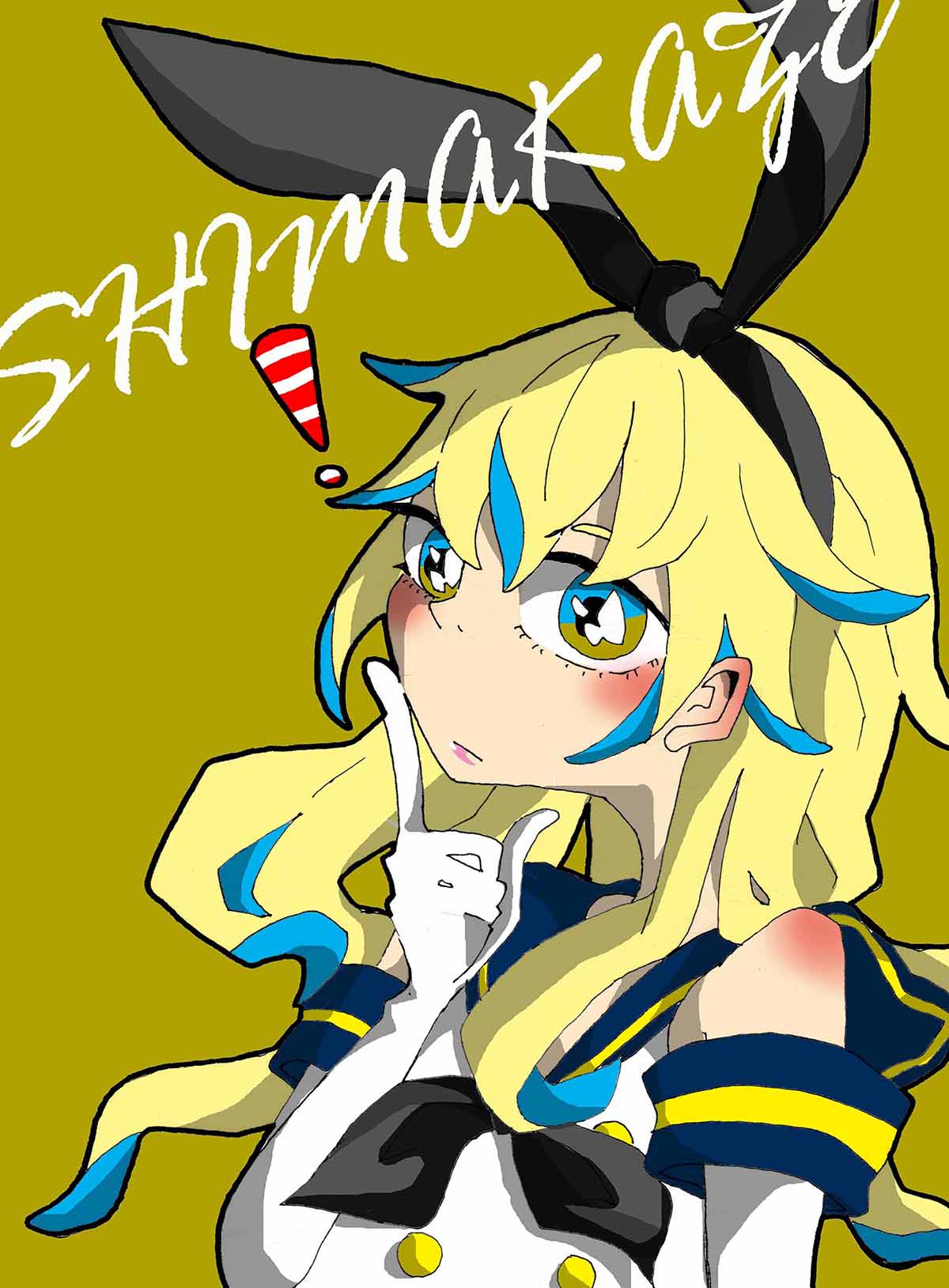 !, 1girl, bare_shoulders, blonde_hair, blue_eyes, blue_hair, blush, bowtie