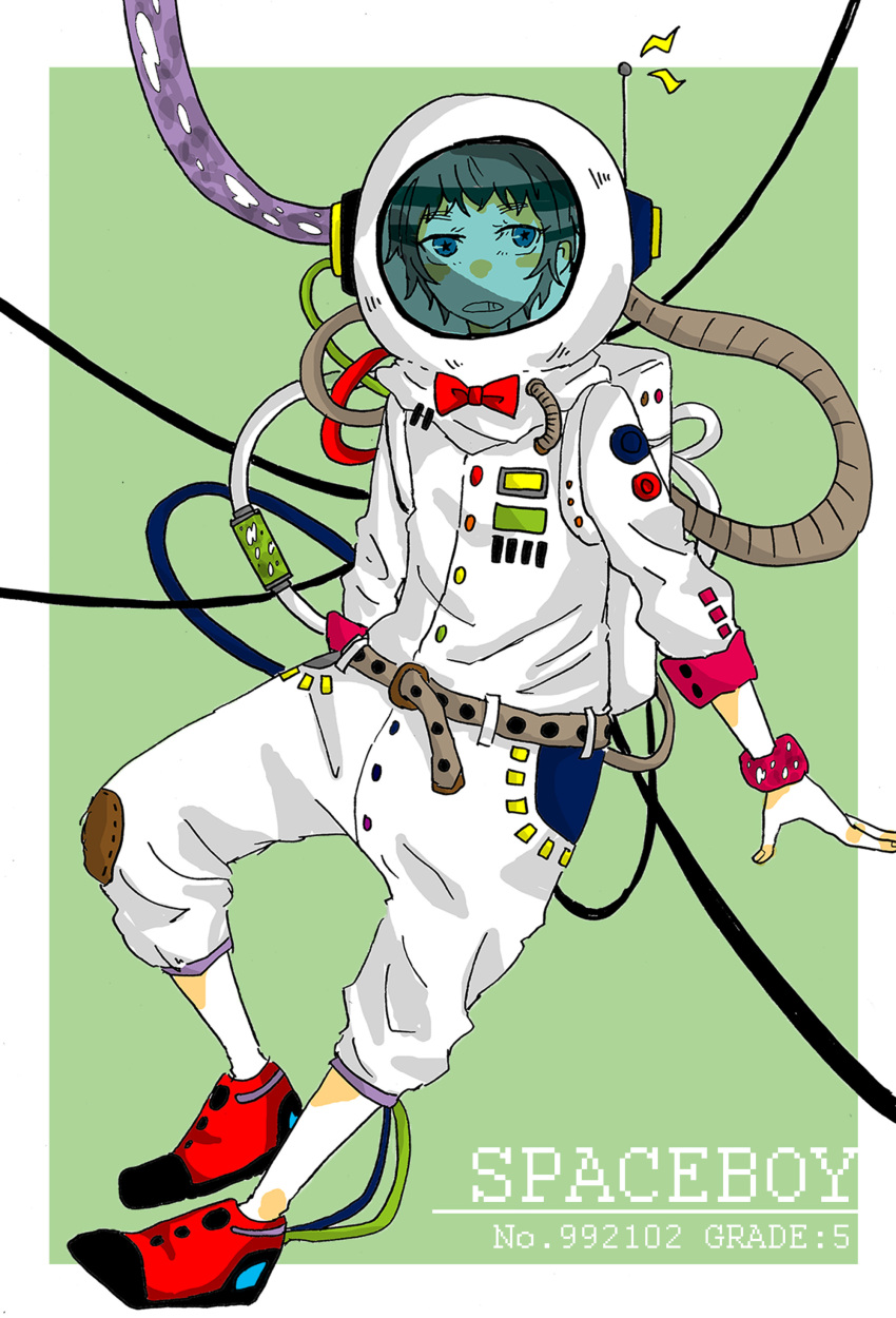 1boy, absurdres, belt, blue_eyes, blush, boots, bowtie, bracelet