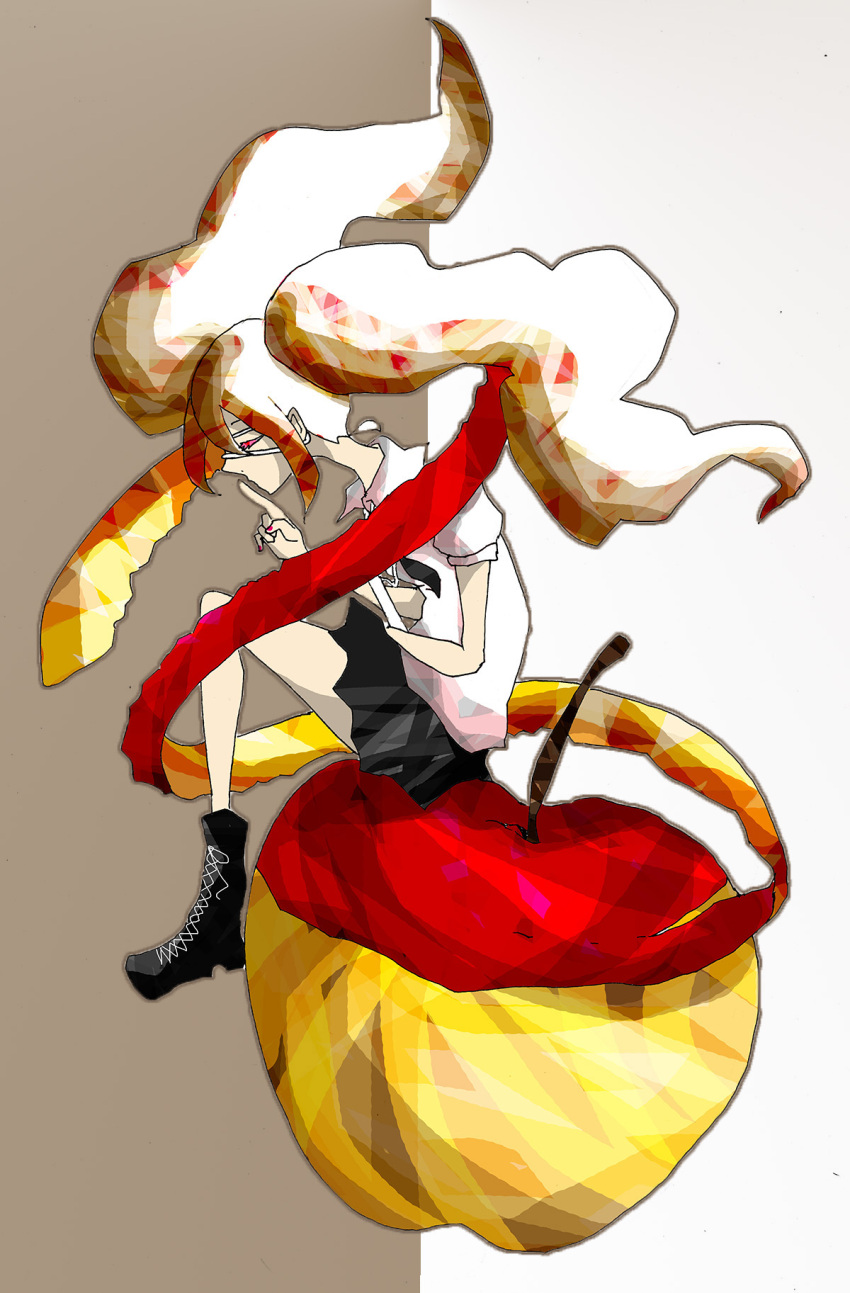 1girl, alternate_hair_color, apple, black_skirt, boots, closed_eyes, finger_to_mouth, food