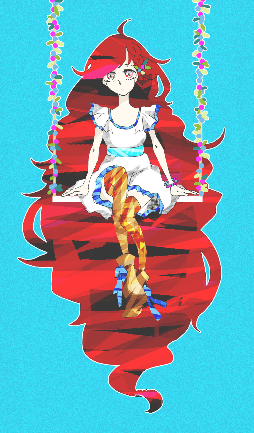 1girl, absurdly_long_hair, ahoge, boots, bow, braid, brown_legwear, character_request, dress, flower, fujishiroooo3, hair_flower, hair_ornament, highres, long_hair, looking_afar, redhead, shoe_bow, shoes, sitting, solo, swing, thigh-highs, very_long_hair, vocaloid, white_eyes, zettai_ryouiki