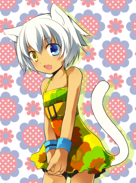 1boy, animal_ears, cat_ears, cat_tail, child, crossdressinging, dress, fang