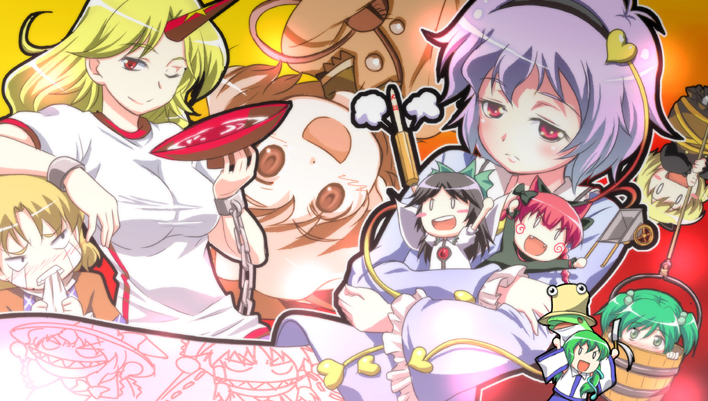 hakurei_reimu, horn, hoshiguma_yuugi, in_bucket, in_container, kaenbyou_rin, kirisame_marisa, kisume