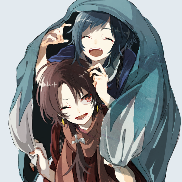 2boys, ^_^, azzz_(7334080), black_hair, brown_hair, closed_eyes, earrings, haori