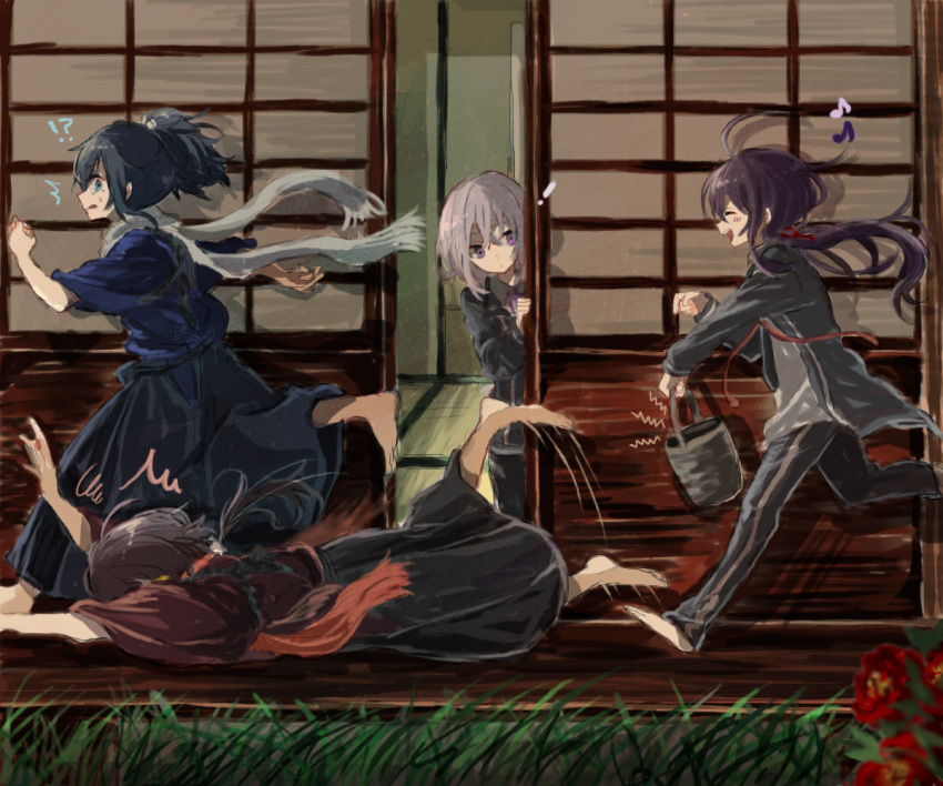!, !?, /\/\/\, 4boys, ahoge, azzz_(7334080), black_hair, blue_eyes