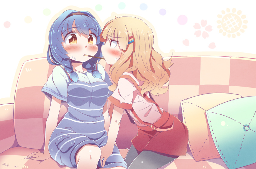 2girls, black_legwear, blonde_hair, blue_dress, blue_hair, blush, braid, couch