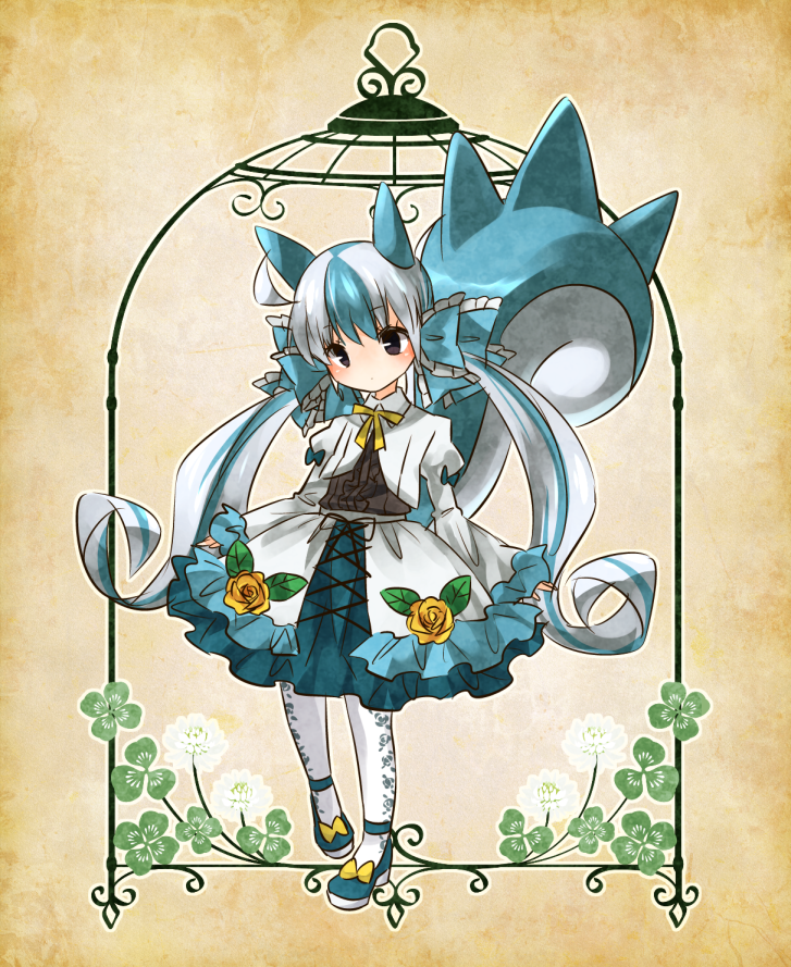 1girl, animal_ears, bazumi, blue_hair, bow, flower, hair_bow, hair_ribbon, multicolored_hair, pachirisu, personification, pokemon, ribbon, solo, tail, white_hair, white_legwear