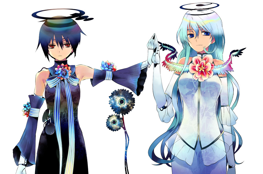2no, black_hair, blue_eyes, detached_sleeves, flower, gradient_hair, long_hair, multicolored_hair