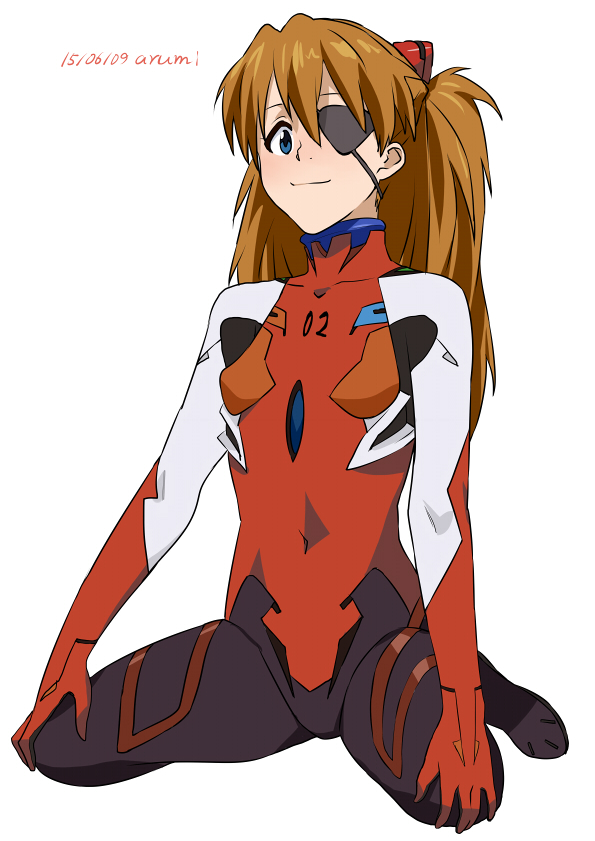 1girl, arumi_(arumi-ke), blue_eyes, dated, eyepatch, hair_ornament, light_brown_hair, long_hair, neon_genesis_evangelion, plugsuit, rebuild_of_evangelion, shikinami_asuka_langley, signature, sitting, smile, solo, souryuu_asuka_langley, two_side_up, wariza