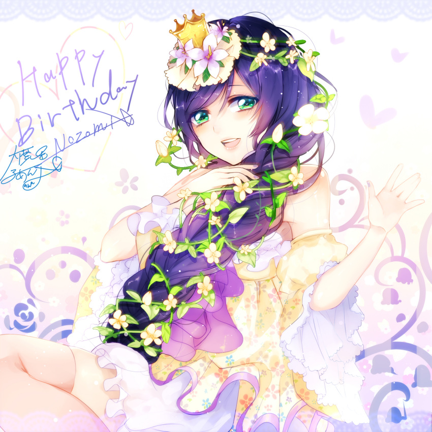 1girl, bare_shoulders, braid, commentary_request, crown, flower, green_eyes, hair_flower