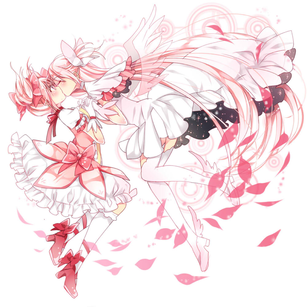 2girls, ayumaru_(art_of_life), blush, closed_eyes, dress, gloves, goddess_madoka, high_heels