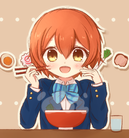 1girl, :d, blush, bowl, chopsticks, drinking_glass, egg, food, hoshizora_rin, kamaboko, love_live!_school_idol_project, lowres, meat, narutomaki, open_mouth, orange_hair, p-man-p-man, school_uniform, short_hair, smile, solo, spring_onion, steam, yellow_eyes