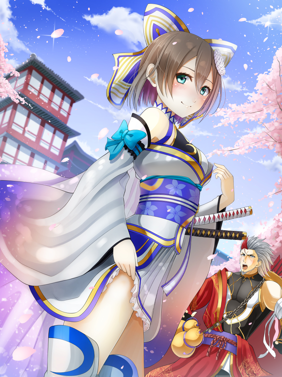 1boy, 1girl, aqua_eyes, beard, brown_hair, facial_hair, grey_hair, hair_ribbon, highres, isami_(shironeko_project), japanese_clothes, katana, kentaurosu, multicolored_hair, redhead, ribbon, shironeko_project, shizuku_(shironeko_project), short_hair, sword, two-tone_hair, weapon