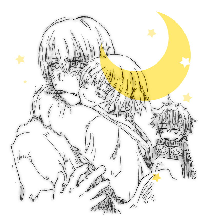 1girl, 2boys, crescent_moon, dated, hug, kekkai_sensen, leonardo_watch, monochrome, moon, multiple_boys, nosari, short_hair, star, valerie_baumer, zap_renfro