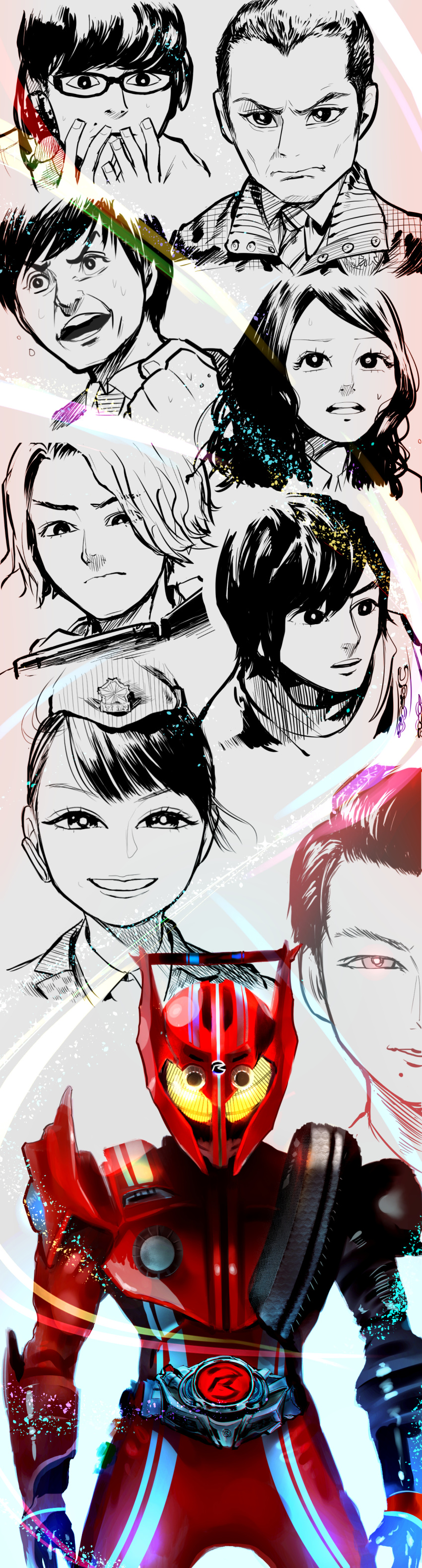 2girls, 6+boys, absurdres, belt, black_hair, chase_(kamen_rider_drive), glasses, highres