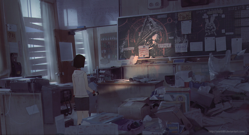 1girl, blood, brown_hair, chair, chalkboard, dark, desk, door