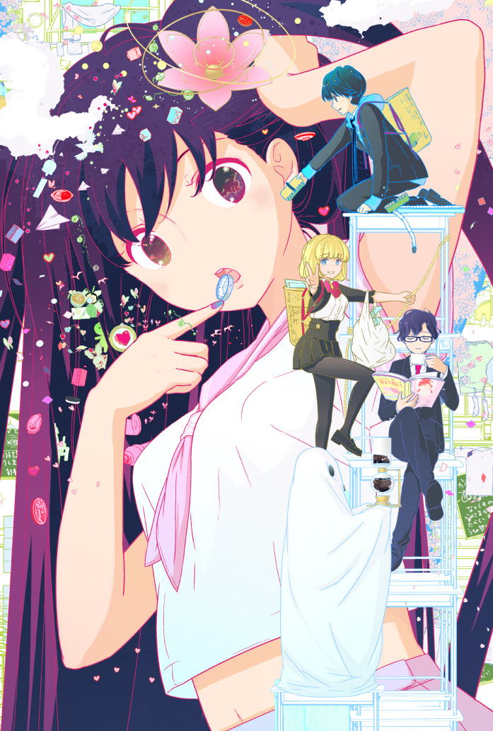 2boys, 2girls, babel_shiki_kami_girl, black_hair, blonde_hair, blue_eyes, book, desk