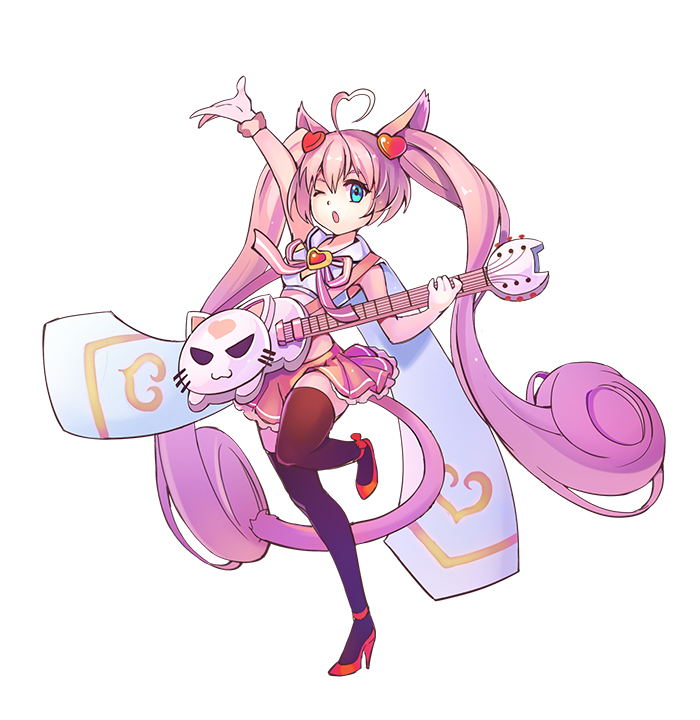 1girl, ;o, animal_ears, black_legwear, blue_eyes, cat_ears, cat_tail, guitar