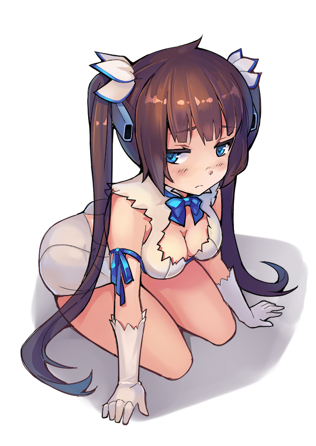 1girl, black_hair, blue_eyes, blush, breasts, cleavage, dungeon_ni_deai_wo_motomeru_no_wa_machigatteiru_darou_ka, gloves, hair_ribbon, hestia_(danmachi), huazang, long_hair, rei_no_himo, ribbon, solo, twintails, white_gloves