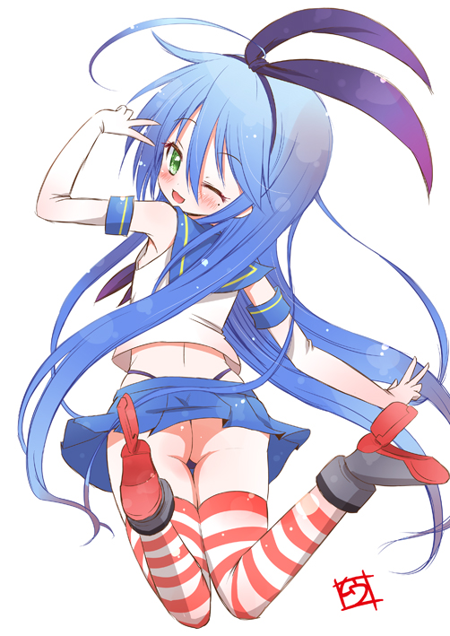 1girl, ;), ahoge, ass, blue_hair, blue_skirt, blush, cosplay, elbow_gloves, from_behind, gloves, green_eyes, hairband, izumi_konata, kantai_collection, long_hair, looking_back, lucky_star, mole, mole_under_eye, muu_rian, one_eye_closed, shimakaze_(kantai_collection), shimakaze_(kantai_collection)_(cosplay), skirt, smile, solo, white_background, white_gloves
