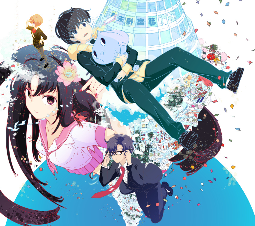2boys, 2girls, babel_shiki_kami_girl, confetti, glasses, hana_(babel_shiki_kami_girl), hida_hidaka, highres, kamiyama_ichiko, long_hair, multiple_boys, multiple_girls, necktie, nire_(babel_shiki_kami_girl), omiomi_kekyu, school_uniform, short_hair