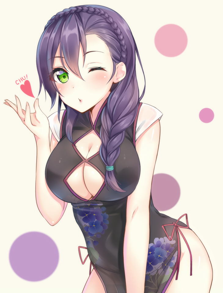 1girl, ;o, alternate_hairstyle, blush, braid, breasts, chinese_clothes, cleavage, cleavage_cutout, green_eyes, heart, kiss_blow, large_breasts, long_hair, looking_at_viewer, love_live!_school_idol_project, one_eye_closed, purple_hair, shuuichi, single_braid, solo, toujou_nozomi
