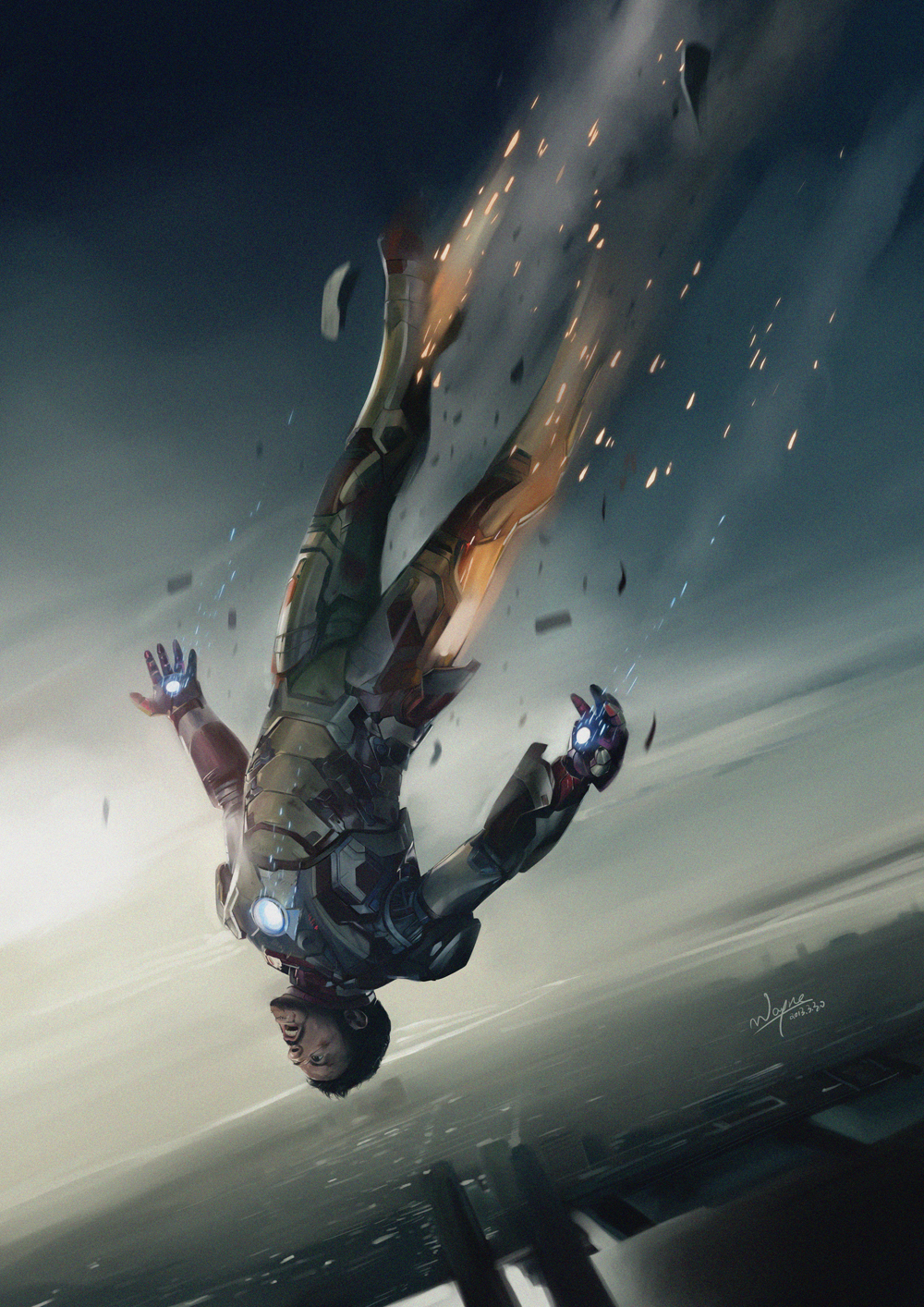 armor, beard, black_hair, damaged, facial_hair, falling, highres, iron_man