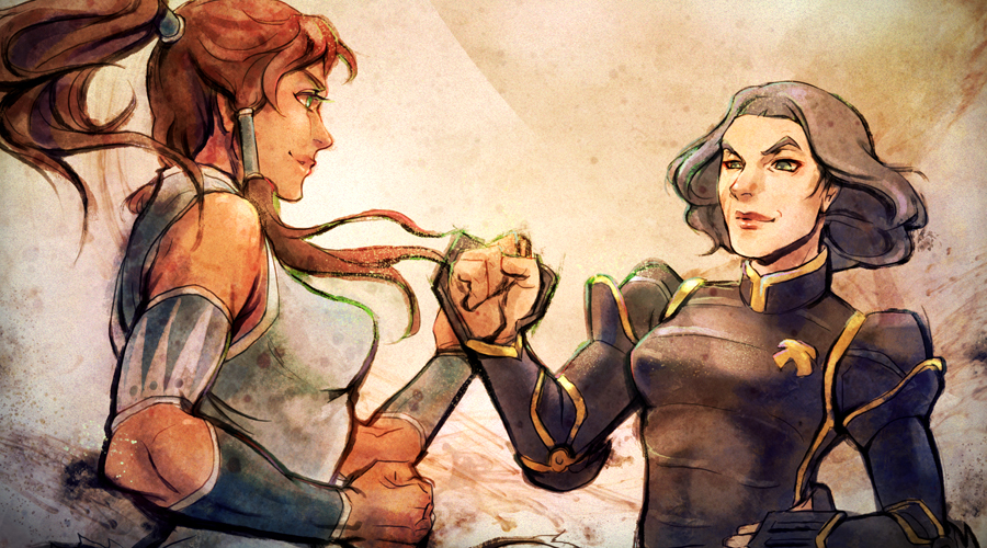 2girls, arashicat, armor, avatar_legends, brown_hair, dark_skin, fist_bump, green_eyes, grey_hair, korra, lin_bei_fong, multiple_girls, the_legend_of_korra