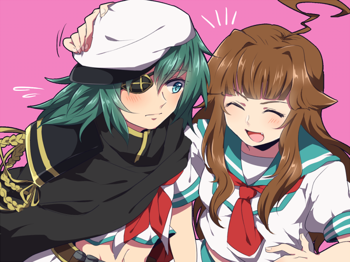 2girls, ahoge, brown_hair, cape, eyepatch, green_eyes, green_hair, hat