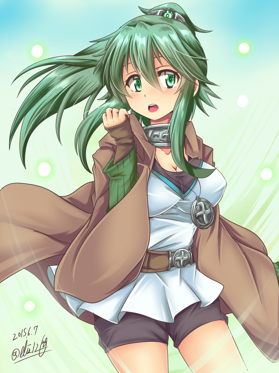 1girl, bike_shorts, blush, breasts, cleavage, collar, collarbone, dated