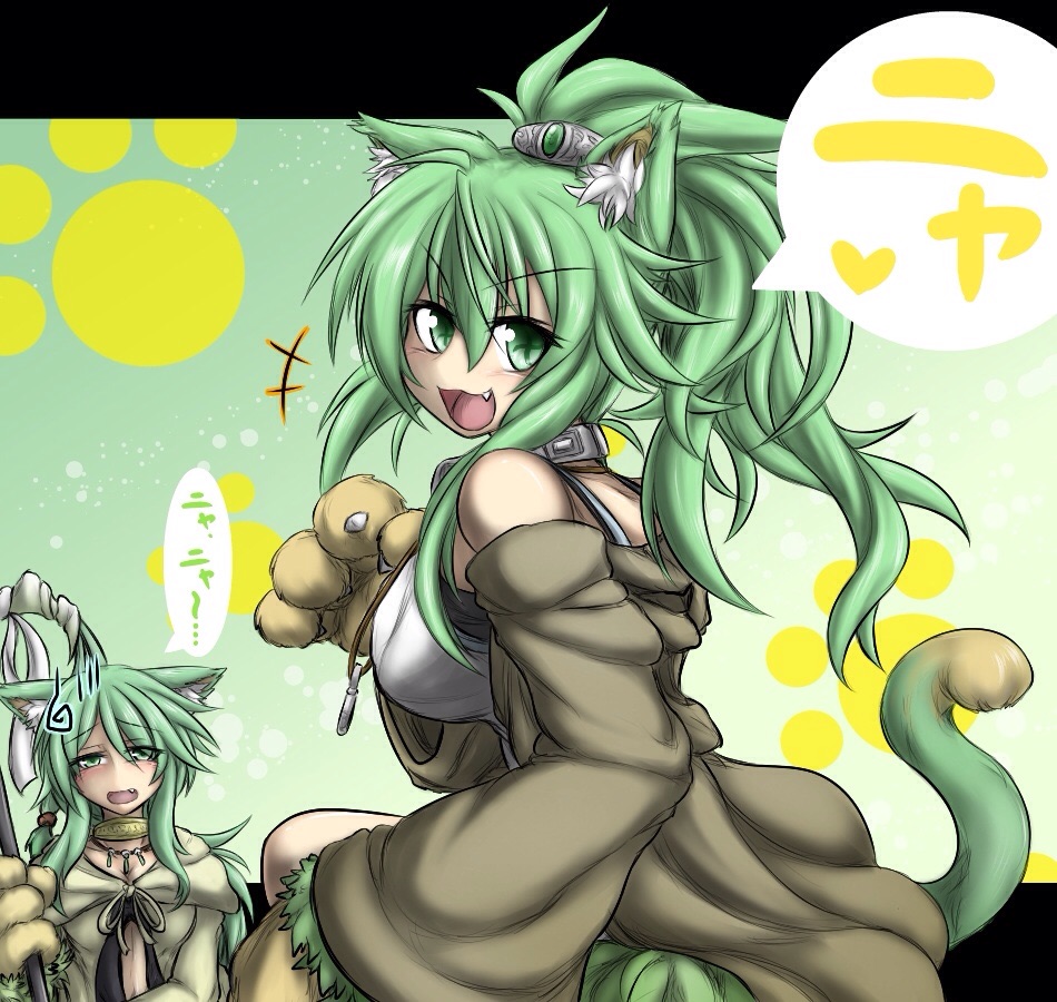 2girls, animal_ears, bare_shoulders, breasts, caam_serenity_of_gusto, cat_ears, cat_paws, cat_tail